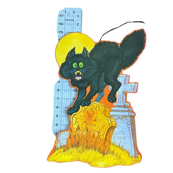 Vintage Halloween Black Cat Tombstone Die-Cut Decoration 17" Double-Sided - Picture 4 of 4